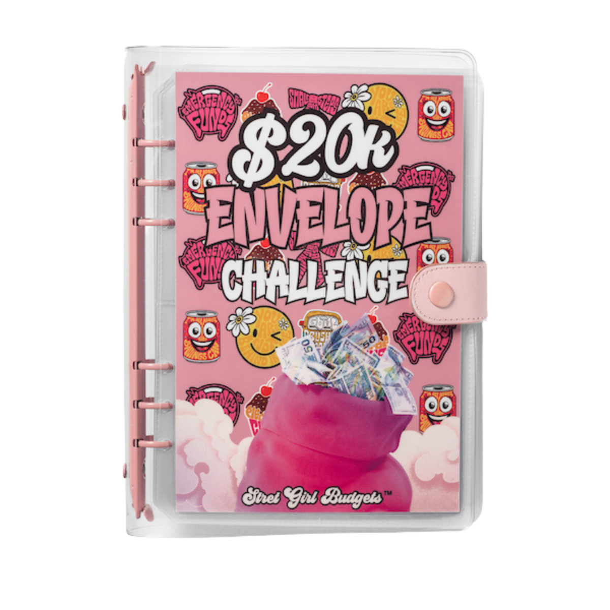 Pink notebook with '20k Envelope Challenge' design and cartoon graphics on a white background