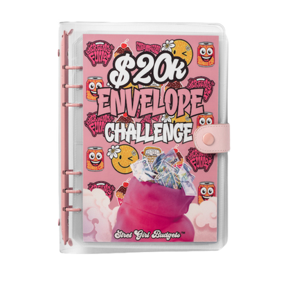 Pink notebook with '20k Envelope Challenge' design and cartoon graphics on a white background