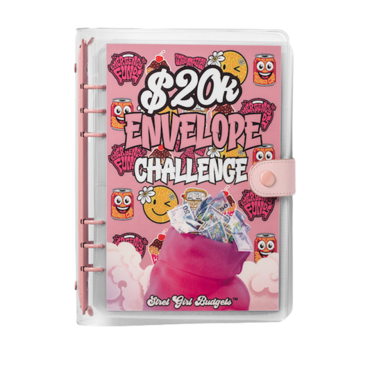 Pink notebook with '20k Envelope Challenge' design and cartoon graphics on a white background