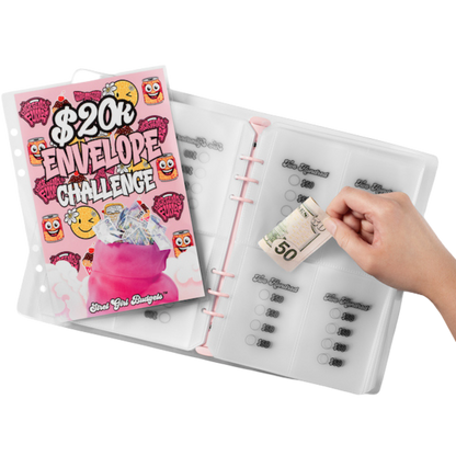 Money envelope system with a pink book titled '$20k Envelope Challenge' and a hand placing money into it.