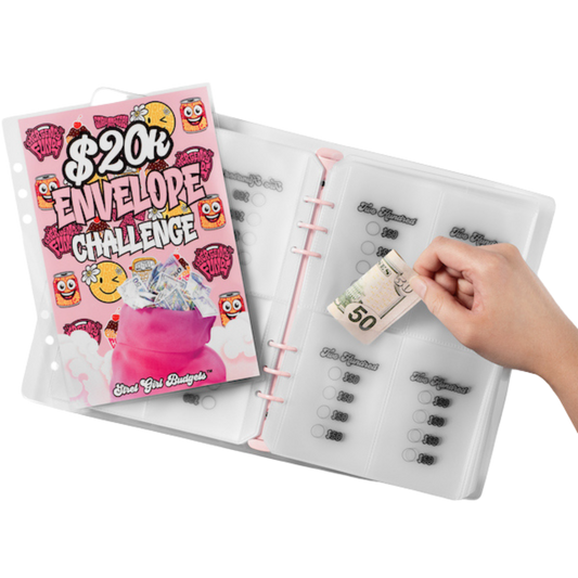Money envelope system with a pink book titled '$20k Envelope Challenge' and a hand placing money into it.