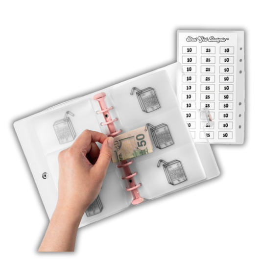 Hand using a money stamp on a sheet with printed designs, including a cash icon and a calendar.