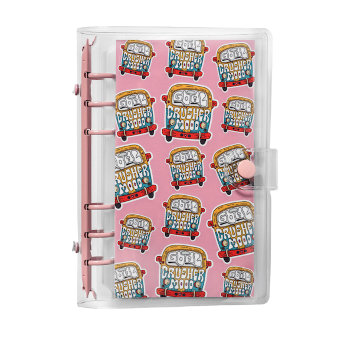 Planner cover with cartoon bus design on a pink background