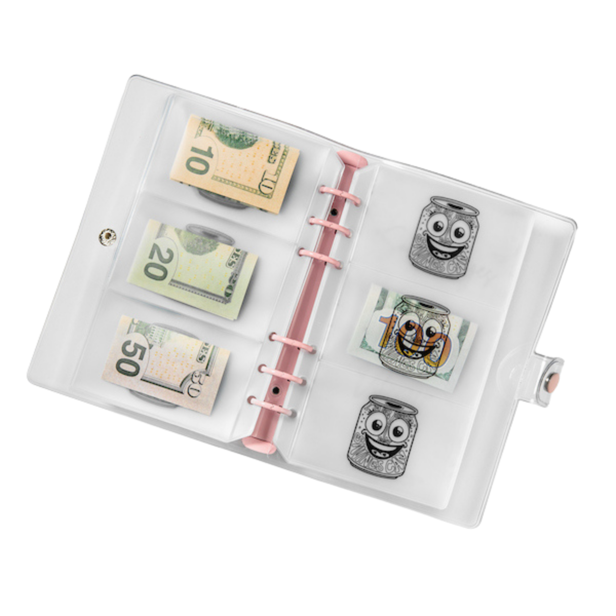 Clear holder with money and stamps on a white background