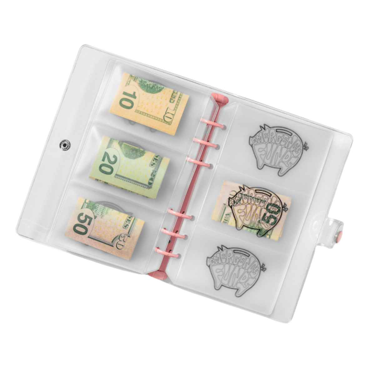 Money holder with dollar bills and piggy bank stamps on a white background