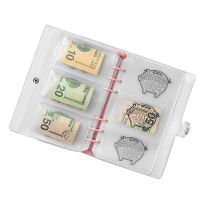 Money holder with dollar bills and piggy bank stamps on a white background