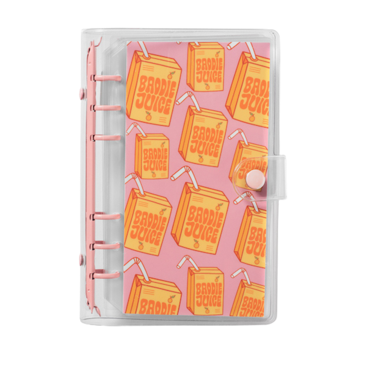 Planner cover with cartoon juice design on a pink background