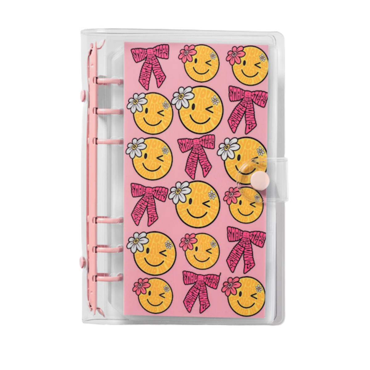 Planner cover with smiley face design on a pink background