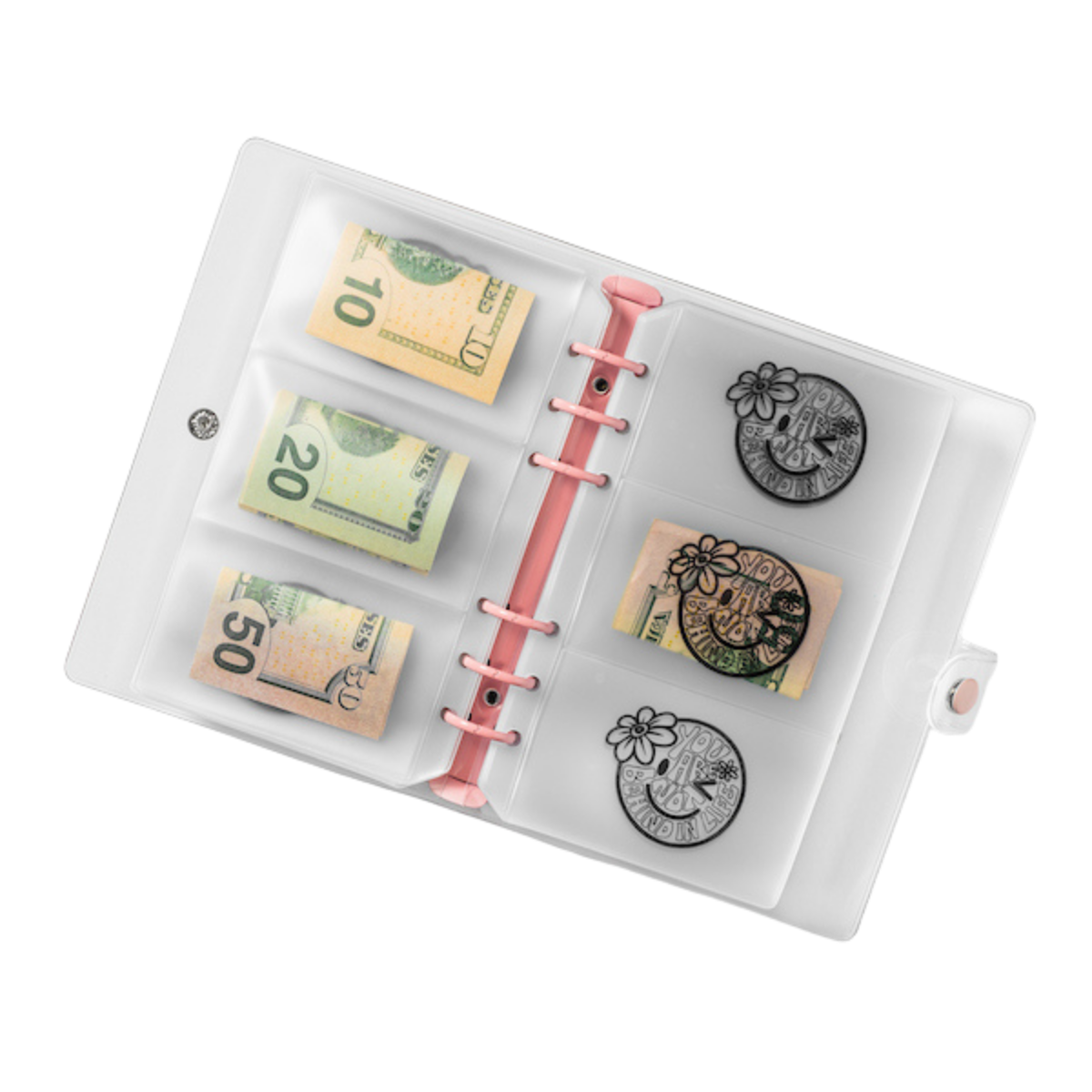Money holder with rolled-up currency notes and decorative stamps on a white background