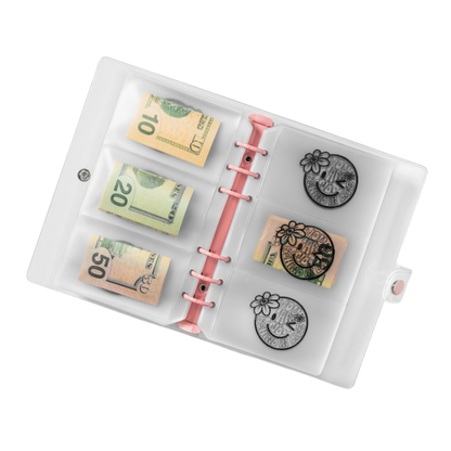 Money holder with rolled-up currency notes and decorative stamps on a white background
