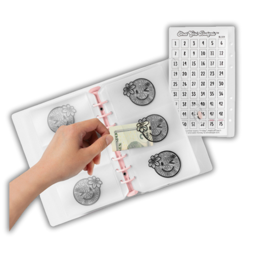 Hand using a money counting tool with a white background