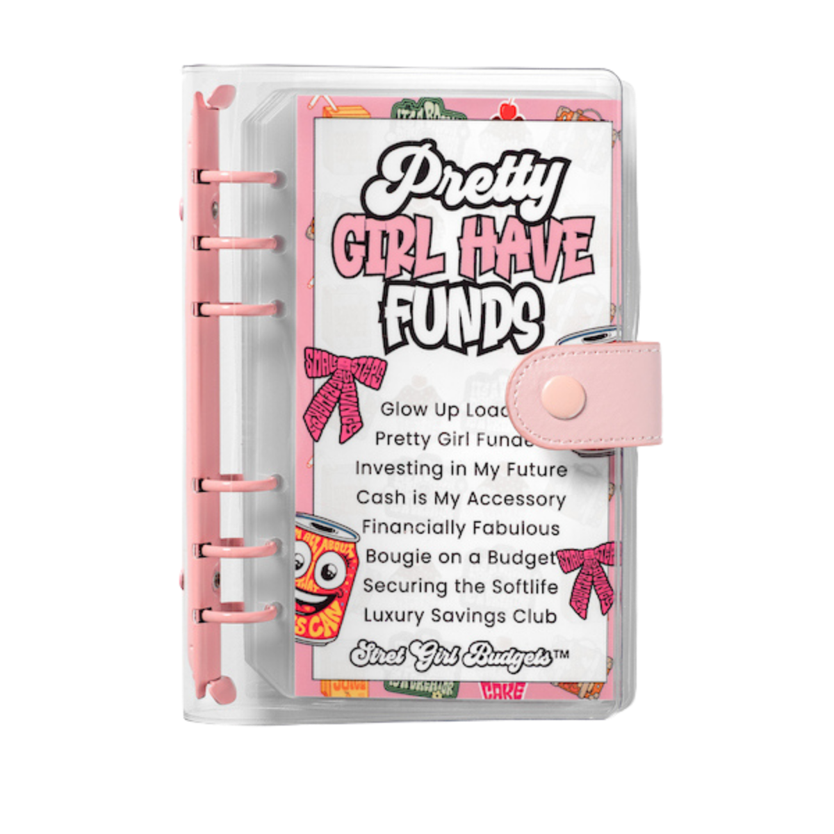 Planner with pink cover and 'Pretty Girl Have Funds' text on a white background