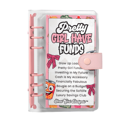 Planner with pink cover and 'Pretty Girl Have Funds' text on a white background