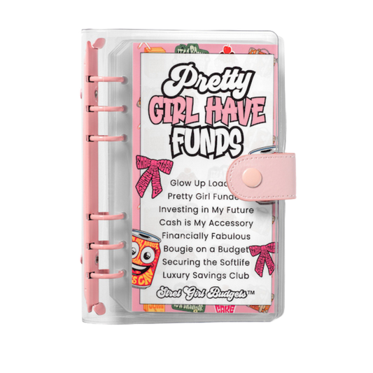 Planner with pink cover and 'Pretty Girl Have Funds' text on a white background
